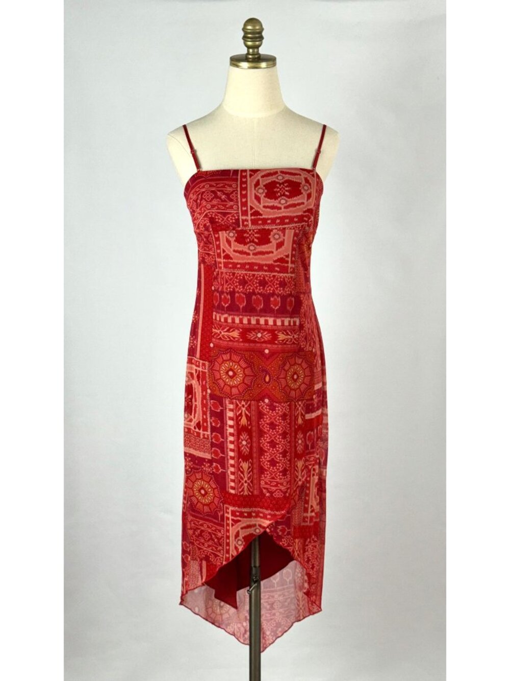 Vtg 90s Y2K City Triangles Red Patchwork Mesh Babydoll Dress Asymmetrical Hem